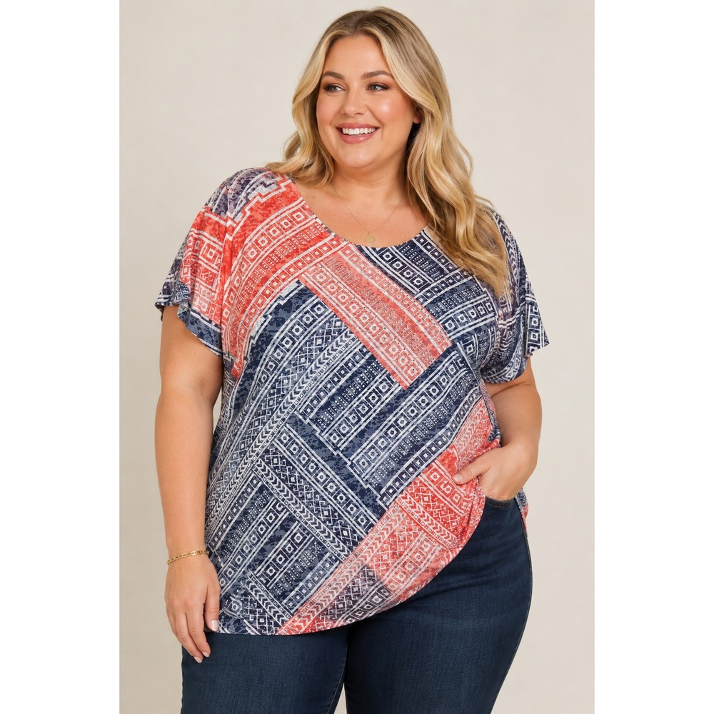 New Directions Curvy Womens 2X Geometric Abstract Rhinestone Short Sleeve Top